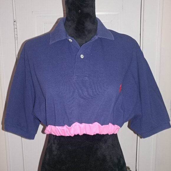 Polo Ralph Lauren: Re-Worked Navy Short Sleeve Cropped Polo Shirt - Size Large - Picture 1 of 6